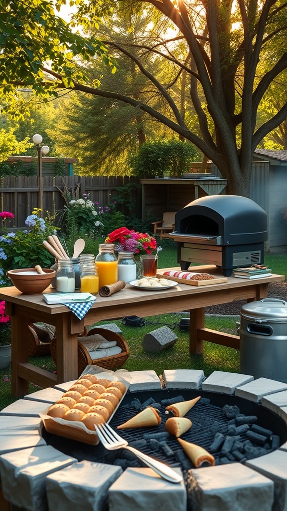 A backyard baking setup with a wooden table, outdoor oven, and fresh ingredients amidst greenery.